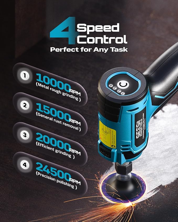 SEESII 1/4" Right Angle Die Grinder Kit, Cordless Brushless Electric Grinder w/ 2 Batteries & 23PCS 2“ Accessories, 4-Speed, Max 24500 RPM, LED Work Light, Lightweight for Grinding Deburring Engraving