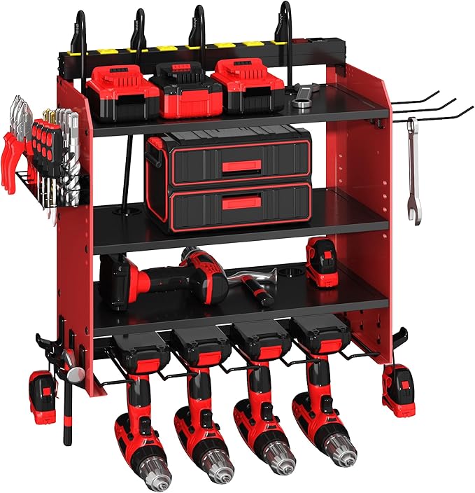 Power Tool Organizer Wall Mount with Charging Station - Heavy-Duty Cordless Drill Holder,Adjustable Tool Storage Rack for Garage,Workshop,Wall-Mounted Tool Organizer Gifts for Fathers Day