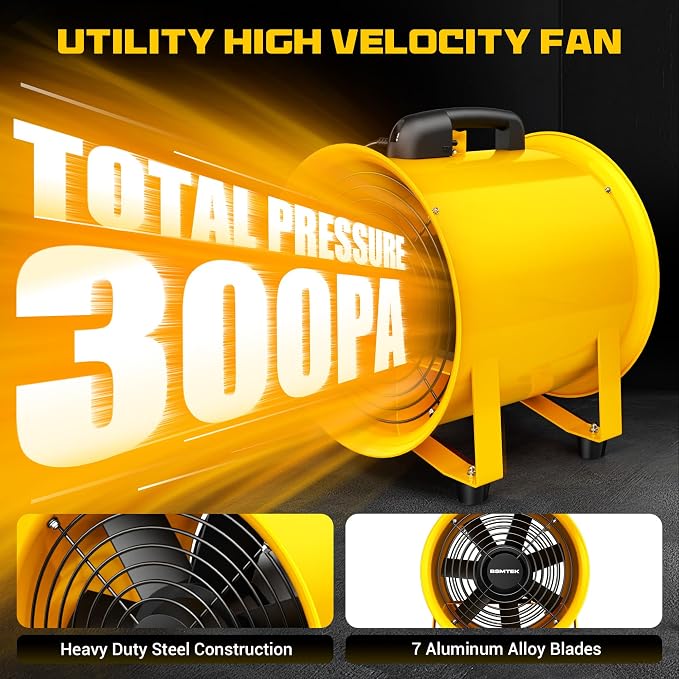 12 Inch High-Portable Exhaust Fan, 3500CFM 550W with 33FT Duct Hose, Low-Noise Industrial Portable Ventilator Blower for Basements, Workshops, Warehouses, Confined Spaces