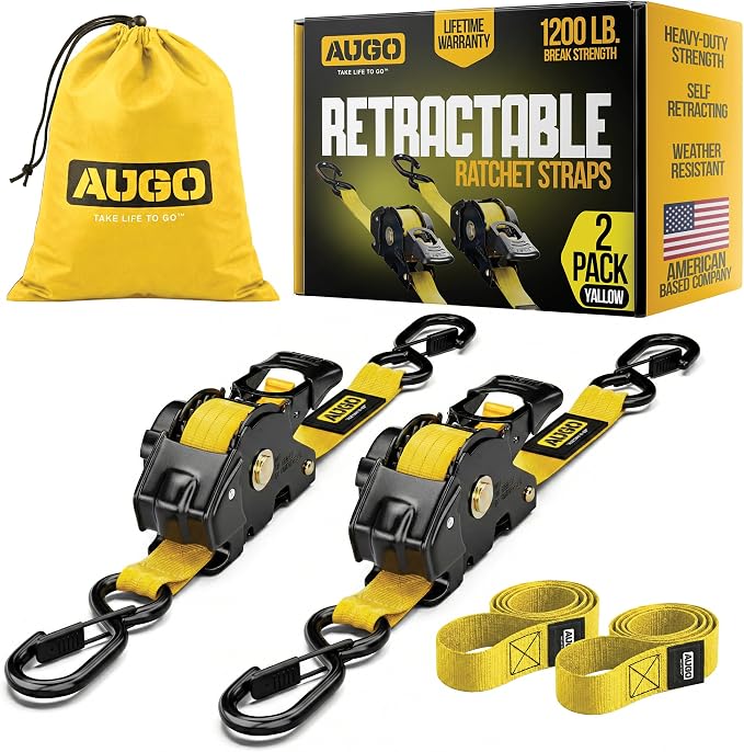 AUGO Retractable Ratchet Straps | 2 Heavy Duty Ratchet Straps Self Retractable Tie Downs with Soft Loops & Storage Bag for Motorcycle, Truck, Trailer, Cargo Van | 1200 Lb Break Strength 1” x 10’