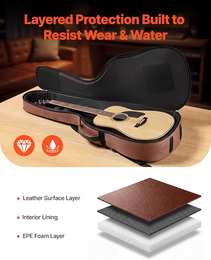 VEVOR Acoustic Guitar Hard Case, 47.1 Inch, Hard-Shell Protective Travel Carrying Case with Accessory Compartment, Foam Padding, Portable Handle, Shoulder Straps, for 41 Inch Acoustic Guitars, Brown