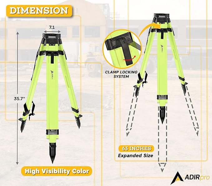 AdirPro Laser Level Tripod - Universal Heavy Duty Survey & Transit Tripod - 5/8" x 11" Thread - Quick Clamp - Aluminum Construction for Lasers & Levels (Green)