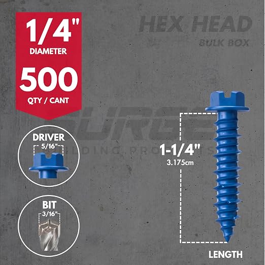 1/4" x 1-1/4" Hex Head Blue Concrete Screw Anchor with Drill Bit & Driver (Box of 500) | Masonry Screws for Concrete, Block, and Brick