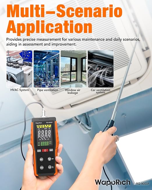 Hot Wire Anemometer HVAC, WapoRich CFM Air Flow Meter Wind Speed Gauges with MAX/MIN, CMM/CMS/CFM Airflow Meter, Air Velocity 0.2-67 MPH, Wind Temp 32℉-113℉ - RQ-9000F