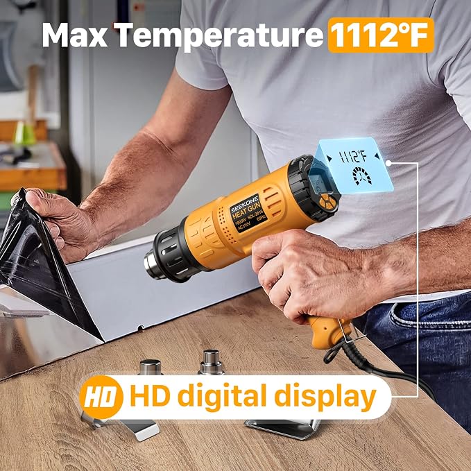 Heat Gun, SEEKONE 1800W Hot Air Gun Kit with Large Digital LCD Display Variable Temperature (122°F-1112°F) Memory Settings and 4 Nozzles for Paint Remover/Stripper, Home Improvement/Restoration