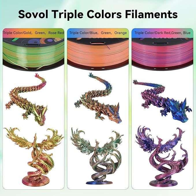 Sovol PLA Filament Silk Tri Color Co-Extrusion 1.75mm, 3D Printer Filament 1kg/ 2.2lbs, Shiny Silk Dark Red Green Blue 3 in 1 Coextrusion PLA Material +/-0.03mm