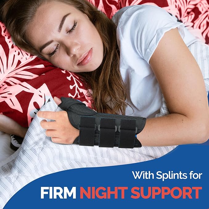 FEATOL Carpal Tunnel Wrist Brace Night Support, Thumb Spica Splint Left Hand for De Quervains Tenosynovitis, Tendonitis, Thumb Brace for Women Men, Black Blue, Medium/Large