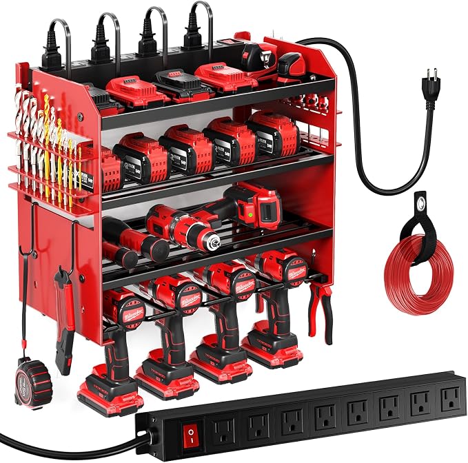 POKIPO Power Tool Organizer Wall Mount with Charging Station,Tool Storage Rack with 8 Outlet Power Strip,Heavy Duty Metal Battery Utility Rack with 4 Cordless Drill Holder 6.56 Ft Cord for Garage