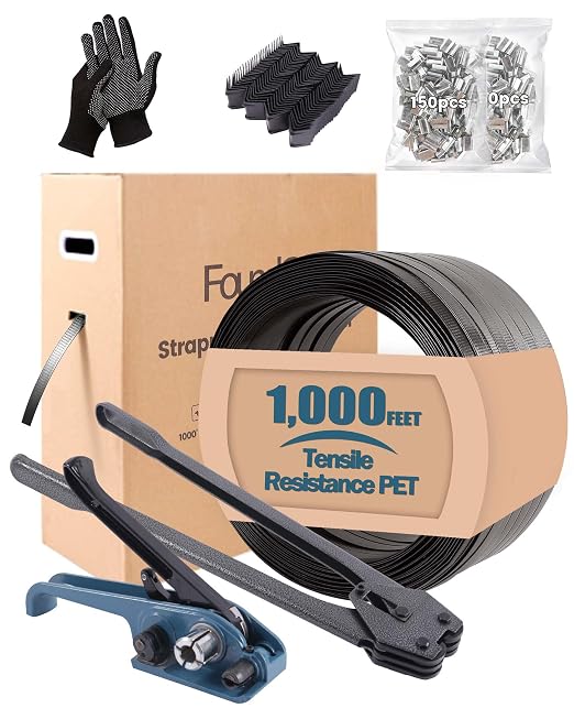FoundGo PET Banding Strapping Kit for Heavy Duty Durable Pallet Packaging Strapping Tool with >1500lbs 5/8" x 1000' PET Strapping Roll & its own Pull-Out Box 100 Corner Protectors 300 Seals-Blue Gray