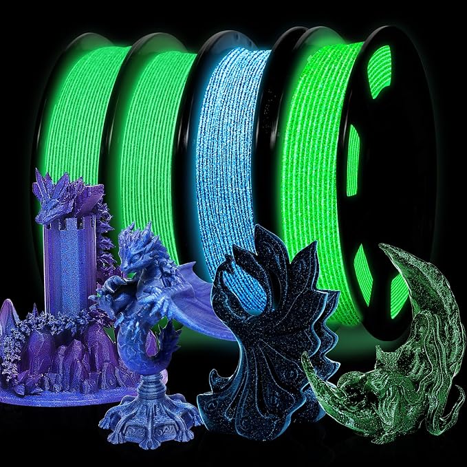RepRapper Glitter Multicolor Mixed 250g*4 Sample Pack, Shiny Galaxy PLA Filament 1.75mm, Glow in the Dark Green 3D Printer Filament, Sparkle Laser Series 3D Printing Filament for 3D Printer