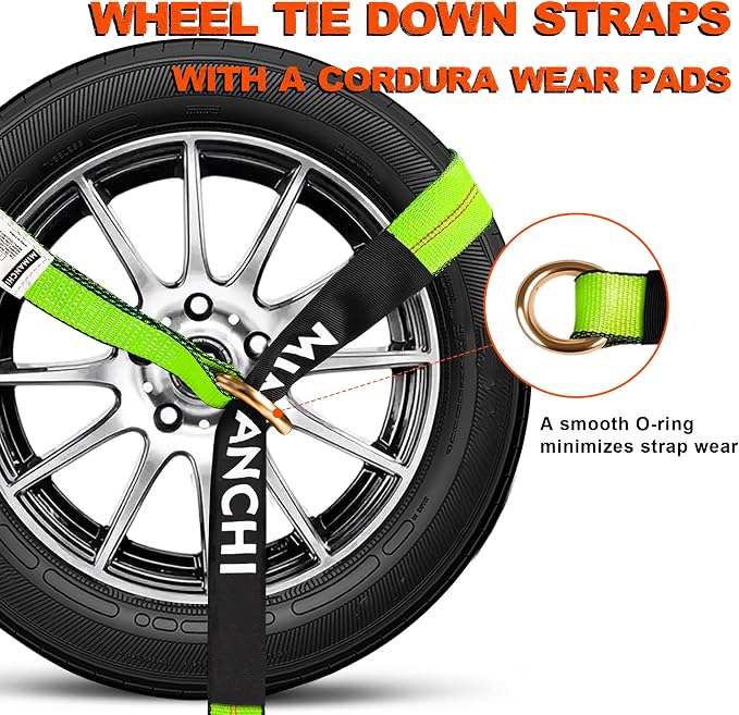 Car Tie Down Straps for Trailers, 4 Pack, 2" x12' Tire Ratchet Straps w/Chain Anchor, 13,200lb Break Strength, Lasso Wheel Straps for Hauling UTV,SUV,Truck