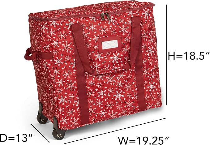Covermates Keepsakes Rolling Treasurekeeper Storage Bag – Heavy-Duty Polyester with Dual Wheels & Handles – Protects Holiday Decorations with ID Window & Dual Zipper Access, Red Snowflake