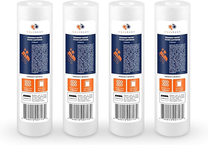 Aquaboon 5 Micron 10 x 2.5 Sediment Filter - Whole House Water Filter Replacement Compatible with Well Water Filters - P5, AP110, WHKF-GD05, 4 Pack