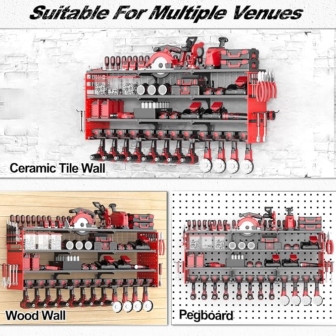 Power Tool Organizer Wall Mount, Cordless Drill Hanger Storage Rack 8 Drill Holder, 4 Layer Heavy Metal Large Capacity Tool Rack for Garage Organization (Red, 12 Drills Holder)