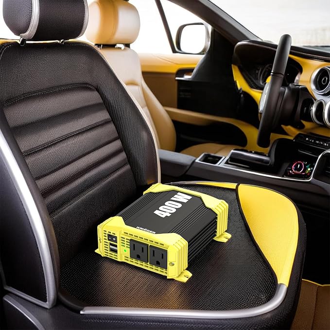 K KRIËGER 400 Watt 12V DC to 110V AC Car Power Inverter 2 Outlets, USB Ports, Cigarette Lighter Plug & Clamps for Vehicles, Road Trip Essentials Accessories- ETL Certified to UL & CSA Standard