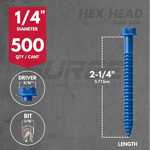 1/4" x 2-1/4" Hex Head Blue Concrete Screw Anchor with Drill Bit & Driver (Box of 500) | Masonry Screws for Concrete, Block, and Brick