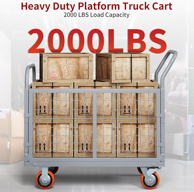 YITAMOTOR 2000lbs Platform Truck Cart with Cage, 6-in-1 Foldable Heavy Duty Hand Truck Flatbed Cart with 6" Swivel Casters, Multi-Functional Push Dolly for Grocery, Laundry, Warehouse, Storage