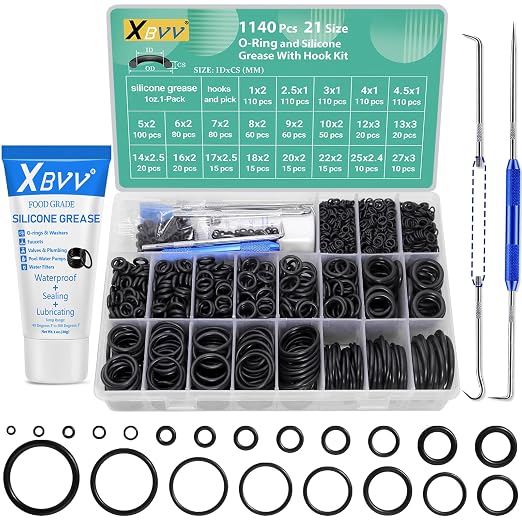 XBVV 1140 Pcs O Ring Assortment and 1oz Silicone Grease Kit and 32 Size SAE O Ring Assortment Kit 1086 Pcs Standard Buna-N Rubber O'ring Set with 4 Pick & Hook