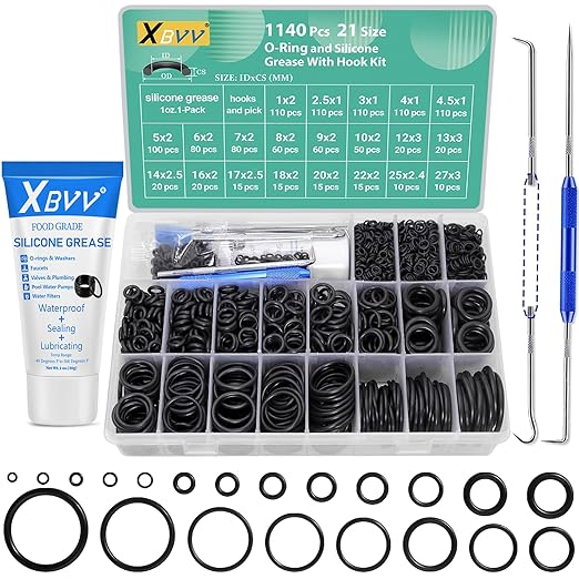 XBVV 1140 Pcs O Ring Assortment and 1oz Silicone Grease Kit and 28 Size 560 Pcs Faucet Rubber Washers Kit and SAE O Ring Assortment Set