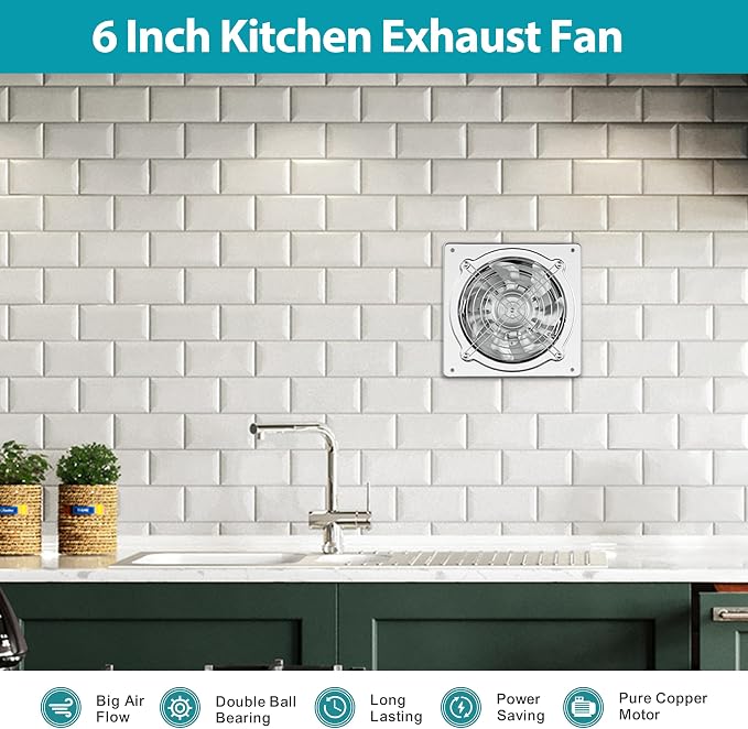 HG Power 6 Inch Exhaust Fan: Kitchen Exhaust Fans with Switch Portable Attic Vent Fan with 8 Feet Power Cord Plug-in Garage Ventilation Fan with Damper Shop Chicken Coop Basement Smoking Room Silver