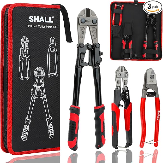 SHALL 3-Piece Bolt Cutters, 14" Heavy Duty Bolt Cutter, 8" Mini Bolt Cutter, 8" Wire Rope Cutter, Ergonomic Handle, More Efficient Leverage for Cutting Locks, Chains, Iron Wire, Carrying Case Included