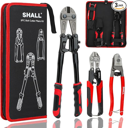 SHALL 3-Piece Bolt Cutters, 14" Heavy Duty Bolt Cutter, 8" Mini Bolt Cutter, 8" Wire Rope Cutter, Ergonomic Handle, More Efficient Leverage for Cutting Locks, Chains, Iron Wire, Carrying Case Included