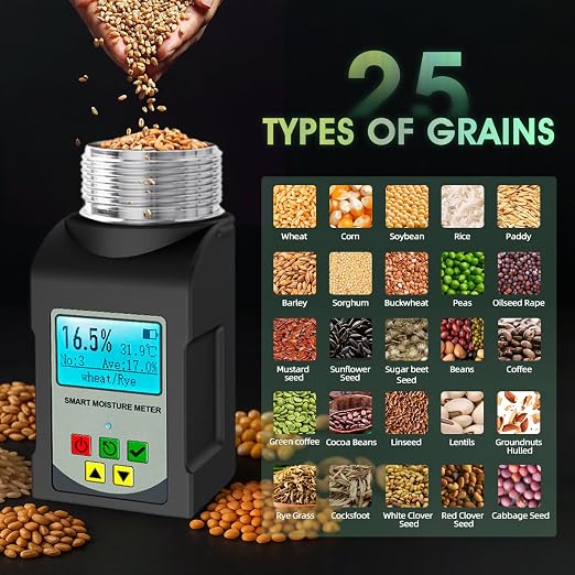 Grain Moisture Tester, INFURIDER Cup Moisture Meter High Precision Com Moisture Tester for 25 Grains Like Coffee Beans, Cocoa Beans,Wheat, Portable Temperature Measuring Instrument with Data Storage