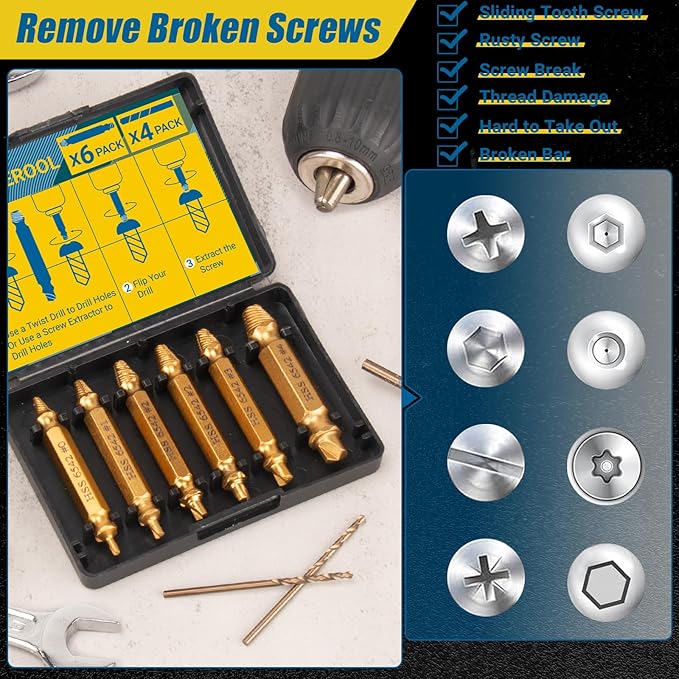 10 PCS Damaged Screw Extractor Set, 6 PCS HSS 6542 Screw Extractor Remover Kit and 4 PCS Twist Drill Bit Kit for Stripped Screws & Drill Bit Tools, Gifts for Men
