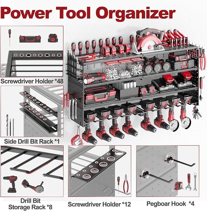 4 Tier Power Tool Organizer Wall Mount, 8 Cordless Tool Rack, 320LBS Heavy Duty Power Tool Storage Rack, Holds 50+ Tools with Side Pegboards for Garage Workshop Warehouse Organization