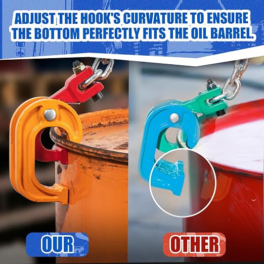 55 Gallon Drum Lift, 2200 lbs Load Capacity, Chain Drum Lifter for 30–55 Gallon Steel Drums, Improved Hook Design Drum Lifting Hook for Forklift Crane Hoist