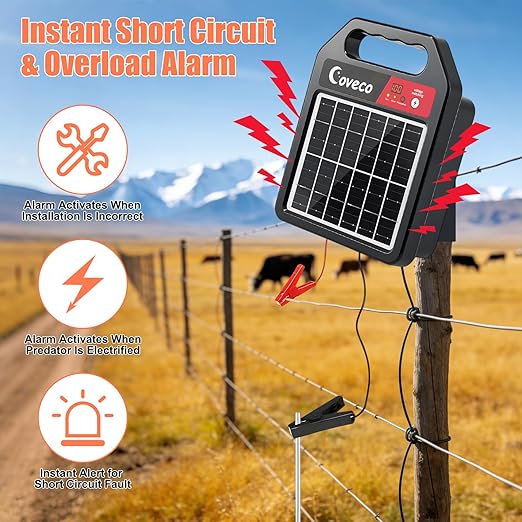 3in1 20Miles Solar Electric Fence Charger with Short Circuit & Open Circuit Alarms,Adjustable 8KV to 10KV(0.13J-0.33J), Real-Time Battery Level Light & 110 dB Removable Alarm,14 Days Protection