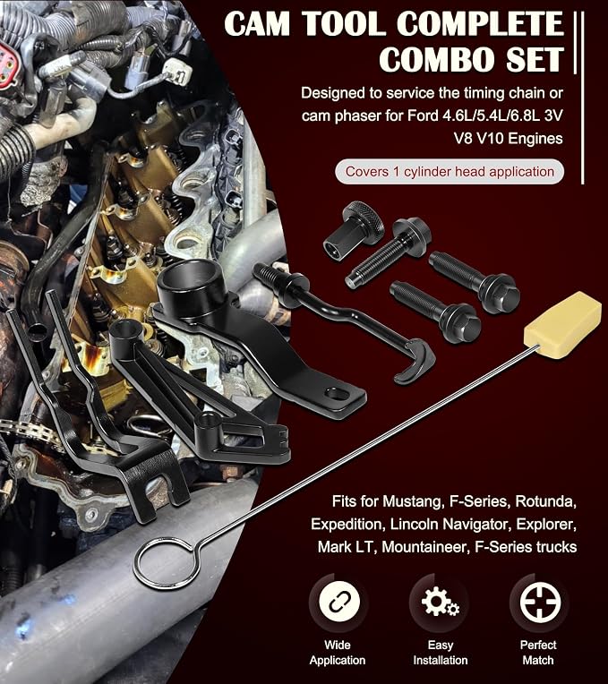 Timing Belt Tools Set for Ford 4.6L, 5.4L & 6.8L 3V Engines, Cam Phaser Holder & Mounting Bolt Tool, Timing Chain Locking Tool, Valve Spring Compressor Tool, Crankshaft Positioning & Pulley Bolt Tool