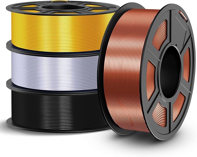 TECBEARS Silk Filament 1.75, Shiny Silk PLA Filament, 3D Printer Filament with Smooth Silky Surface, Pack of 4, Light Gold+Sliver+Black+Red Copper