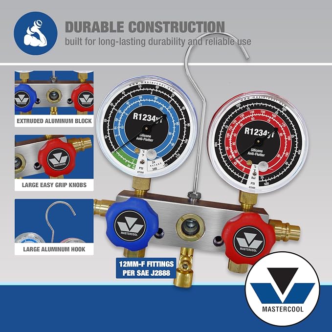 Mastercool 83272 R1234yf 2-Way Manifold Gauge Set with 72" Hoses – U.S. Designed, Assembled, and Tested – Durable Aluminum Construction and 3.5" Anti-Flutter Gauges