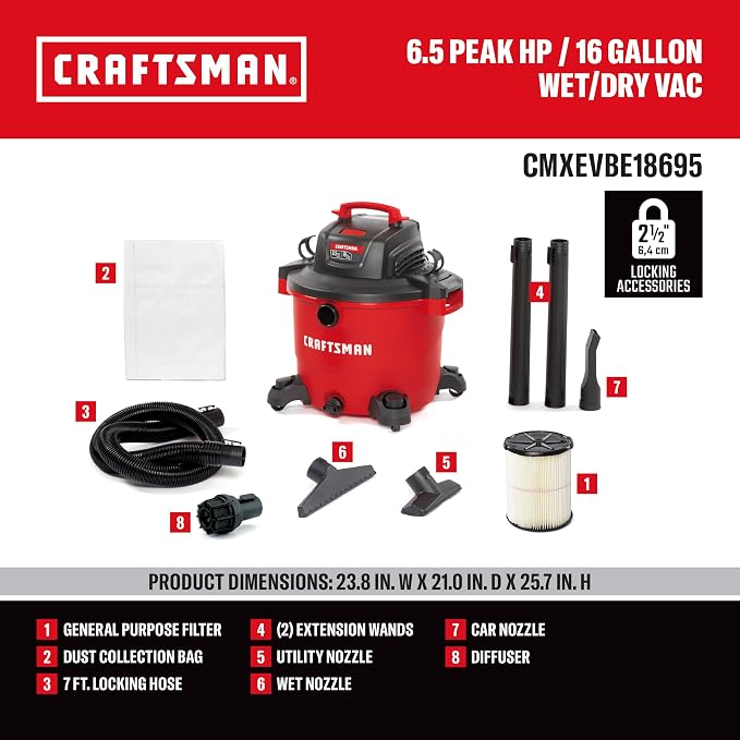 CRAFTSMAN CMXEVBE18695 16 Gallon 6.5 Peak HP Wet Dry Shop Vacuum