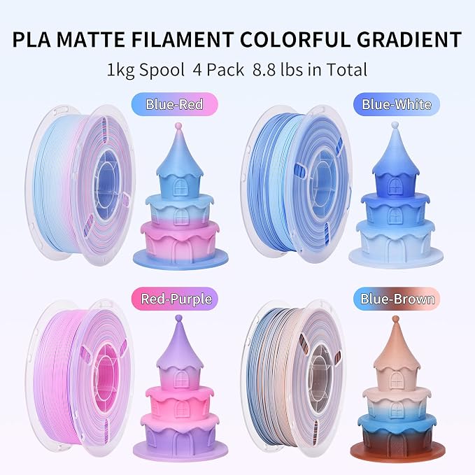 RAMBERY 4KG Matte Rainbow PLA 3D Printer Filament 4 Colors PLA Filament Bundle, 1.75mm 1kg(2.2lb) X 4 Pack, Blue-White/Red/Brown/Red-Purple