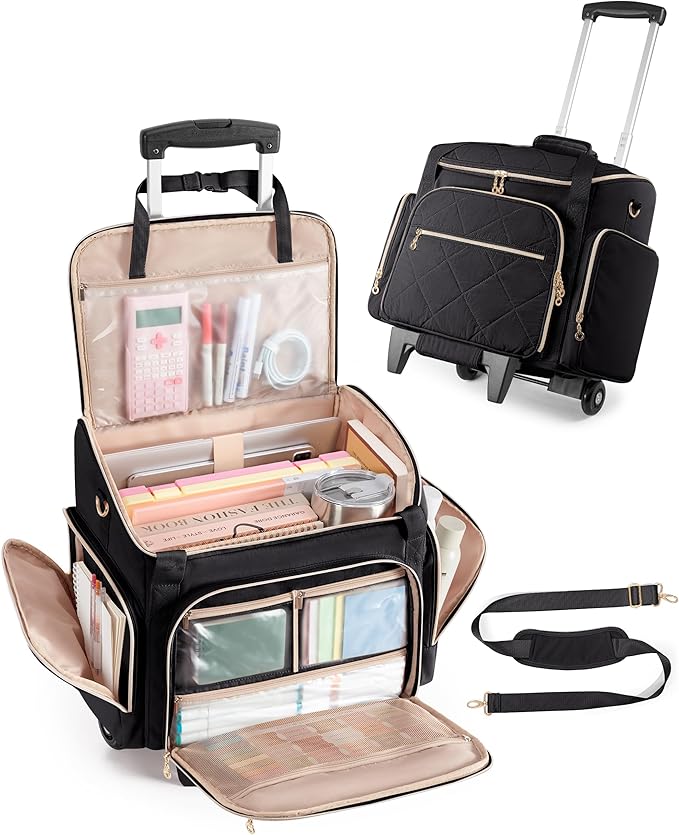 Marscamd Rolling Teacher Bag with 15.6" Laptop Compartment, Wheeled Work Briefcase Tote with Detachable Trolley for Women, Black