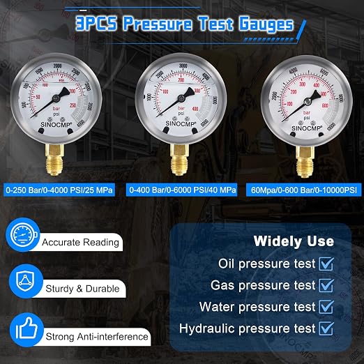 Hydraulic Pressure Test Kit with 3 Gauges(25/40/60Mpa), 12 Test Couplings, 3 Test Hoses(64in) Diagnosis Tester Gauge Kit Set for Excavator Construction Machinery