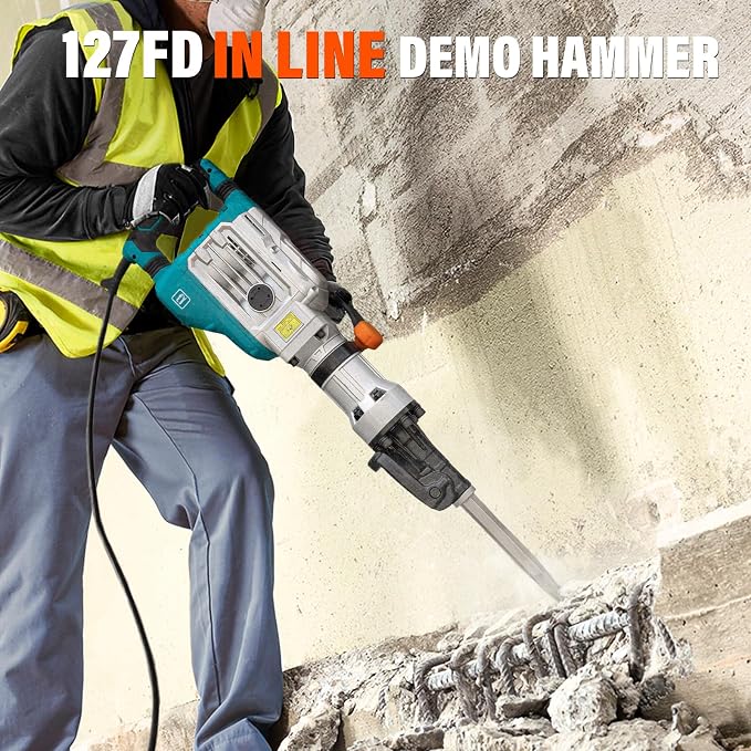 Berserker 1700W 40-Pound Demolition Jack Hammer 127FD with 1-1/8" Hex,14Amp | Heavy duty Corded Electric Concrete/Pavement Breaker with Vibration Control, Trigger Lock, Wheeled Carrying Case & 2 Chisels