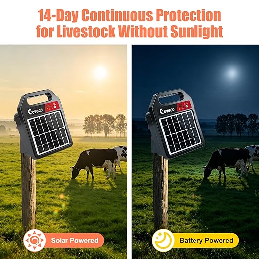 3-in-1Solar Electric Fence Charger 20 Miles, Adjustable 8KV-10KV Livestock Fence Energizer with 110dB Alarm,Short/Open Circuit Protection,LED Battery Level,14-Day Backup for Cattle Horse Goat Farm
