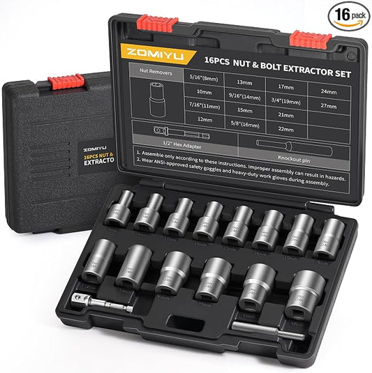 16Pcs Bolt Extractor Kit, 1/2" Drive Impact Lug Nut Removal Tool, Stripped Bolt Extractor for Removing Damaged, Frozen, Rusted, Rounded-Off Bolts & Nuts, Industrial Grade Cr-Mo Steel
