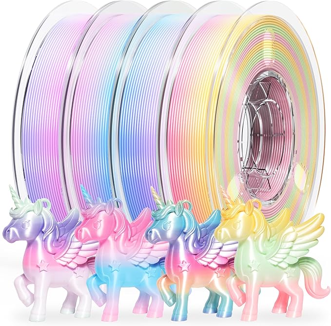 PINBALL 500gx4 Silk Rainbow PLA 3D Printer Filament 1.75mm, Shiny Multi-Color Changing Filament 3D Printing Filament Dimensional Accuracy +/- 0.02mm, 500g*4 Spools
