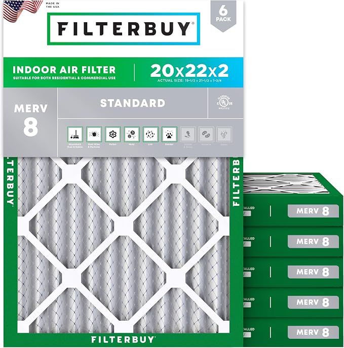 Filterbuy 20x22x2 Air Filter MERV 8 Essential Dust & Allergy Defense (6-Pack), Electrostatic Pleated HVAC AC Furnace Filters Replacement, Made in USA (Actual Size: 19.50 x 21.50 x 1.75)