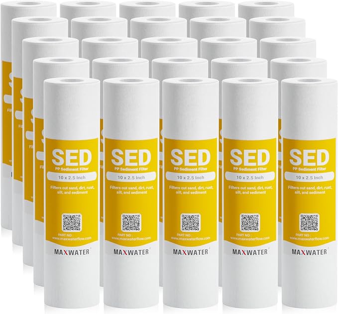 Max Water 5 Micron 10 x 2.5 PP Sediment Water Filter Cartridge for Standard 10-Inch RO and Well Water Filter Systems, Whole House Replacement Compatible with P5, AP110, WHKF-GD05, 155014-43, 25- Pack