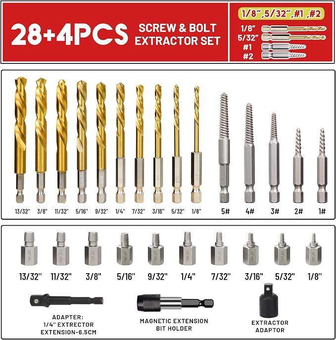 32Pcs Screw Extractor Set, Left Hand Drill Bit Set 6542/4341 HSS, Easy Out Bolt Extractor Set with Hex Adapter, Multi-Spline Stripped Bolt Remover for Broken Rusted Nuts Screws, Bolts, Studs