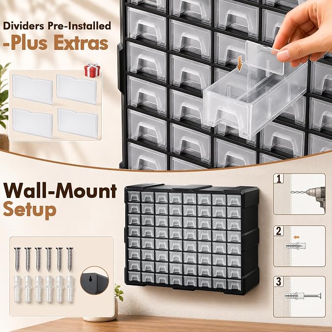 PurKeep 64-Drawer Organizer for Garage Building Bricks Storage,𝐓𝐡𝐢𝐜𝐤𝐞𝐫 Drawer Storage Cabinet with Dividers and Labels for Hardware,Screws,Nuts Bolts, Garage Tools,Charms,Beads,Craft,Scrapbook