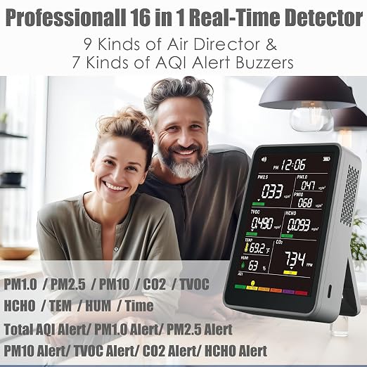 Professional Indoor Air Quality Monitor with AQI Alerts, Portable Real-Time Detector for Home, Car, Plants & Pet