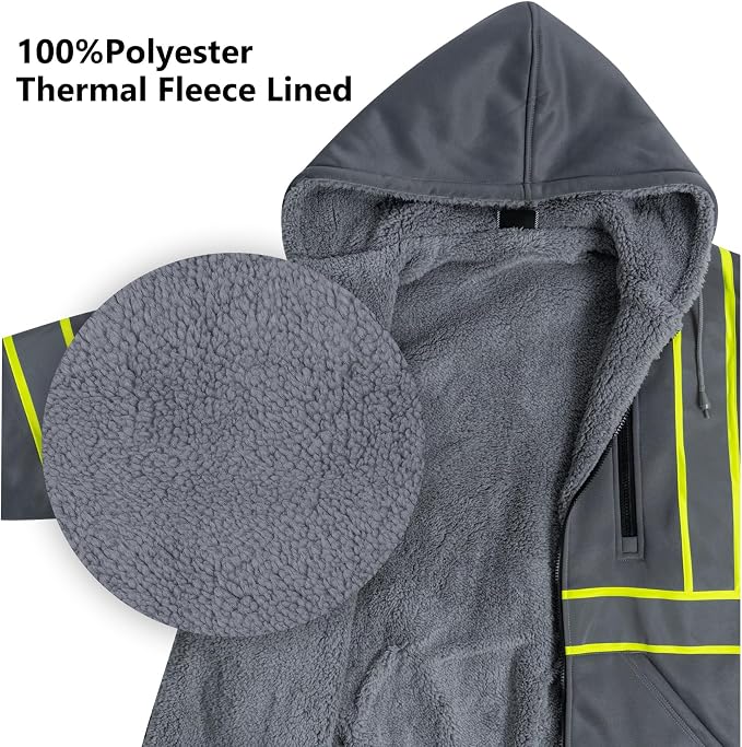 VENDACE Men's ANSI Class 3 High Vis Safety Reflective Sweatshirt Wool Fleece Zipper Jacket Hoodie (Grey,L)