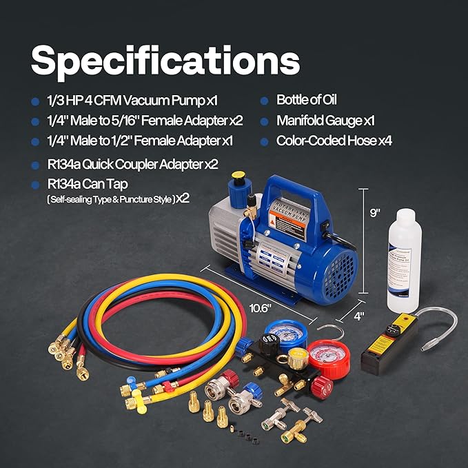 VIVOHOME Upgraded 4CFM 1/3 HP 1-Stage HVAC Vacuum Pump and 4 Way AC Manifold Gauge Set with Leak Detector, 5ft Hoses & Accessories for R134a R12 R22 R502 R410a Automotive Air Conditioner Maintenance