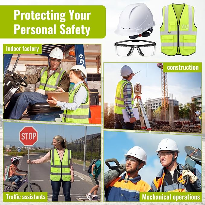 Mumufy 18 Pcs Construction Safety Kit Includes Cap Style Hard Hat White, High Visibility Vest, Clear Safety Glasses Adjustable Professional Ppe Bulk Set for 6 People, Industrial Work Gear Bundle
